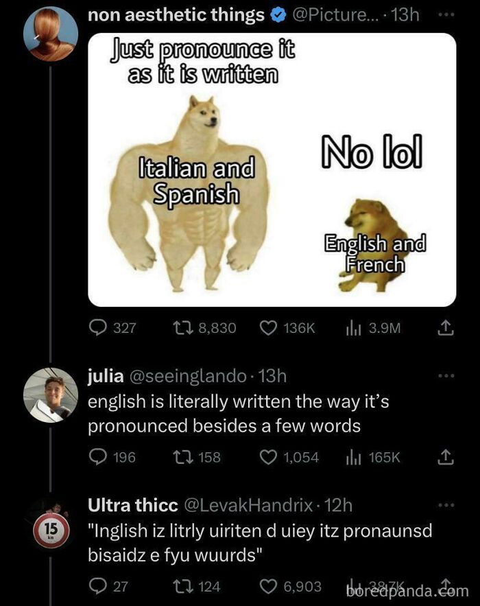 Meme comparing English and French pronunciation to Italian and Spanish, highlighting English language quirks.