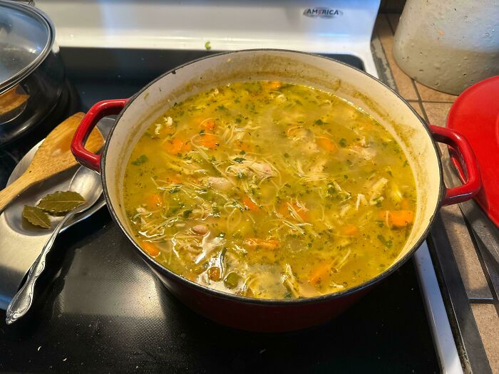 A red pot of homemade chicken and vegetable soup on the stove showcasing food perfection and cooking expertise.