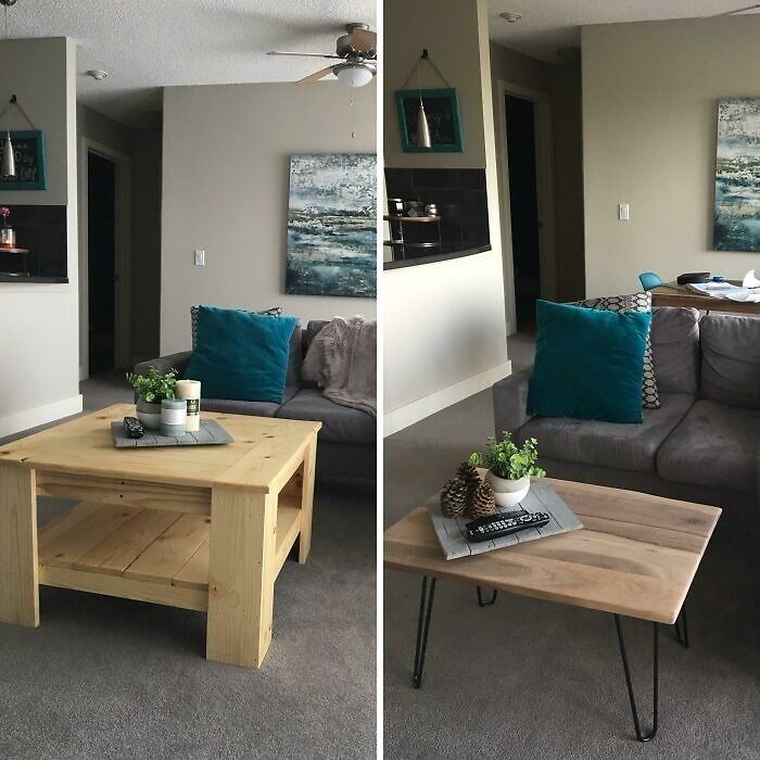 A Few Months Ago I Asked What Colour I Should Stain My Coffee Table That My Boyfriend Made Me. Lots Of The People In This Sub Said It Was Too Big. After Me Kindly Asking For A Different Style Of Coffee Table, He Produced! It’s Awesome! (New One On The Right)