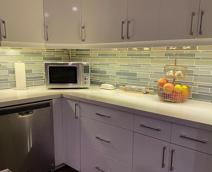 Modern kitchen countertop with microwave, dishwasher, and fruit basket representing executive order finds.