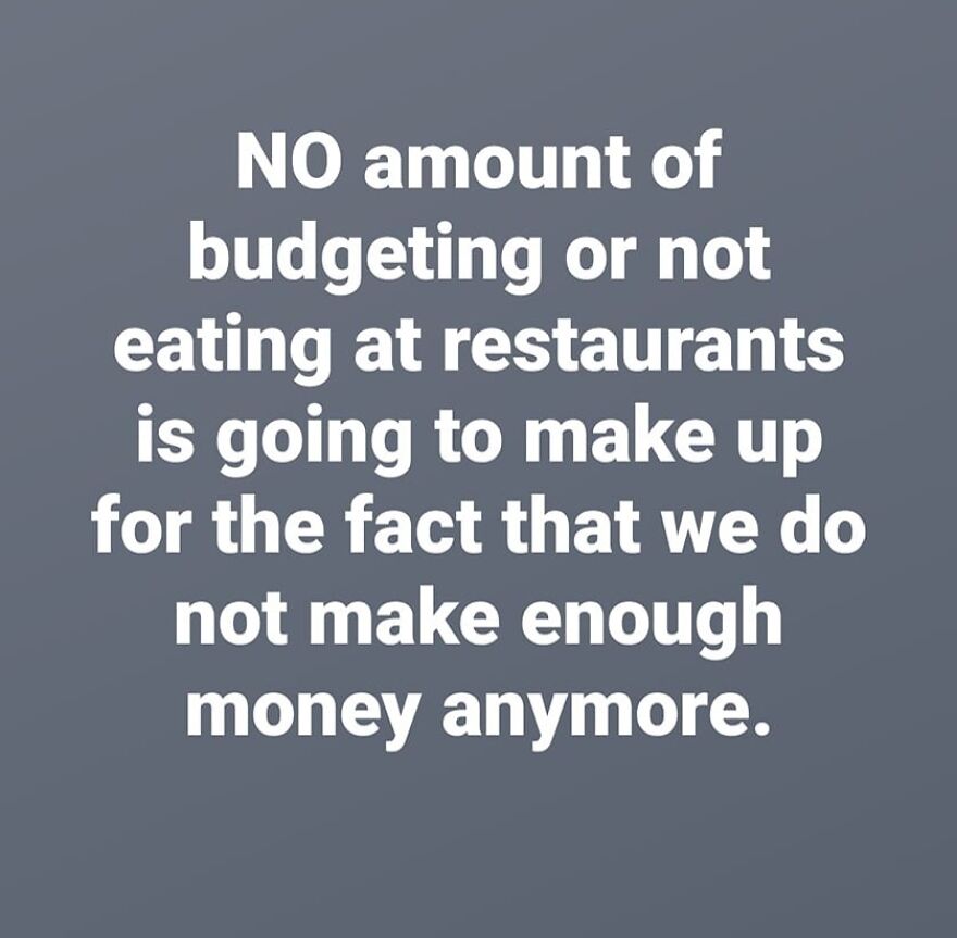 Funny work meme about budgeting and income frustrations on a gray background.