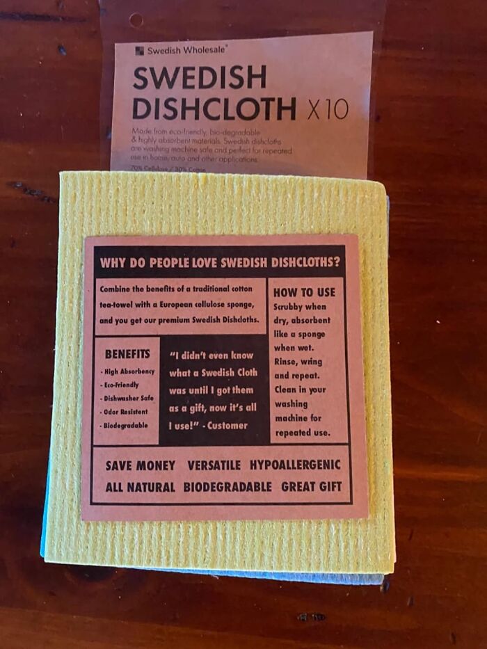 Yellow Swedish dishcloth package with benefits and usage instructions for eco-friendly, absorbent kitchen cleaning.
