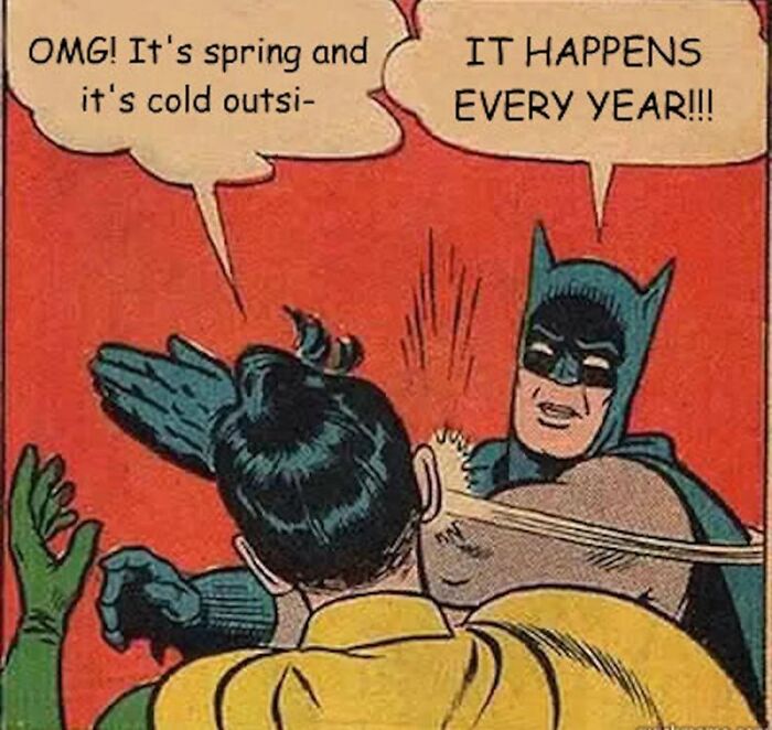 Comic-style meme with a superhero slapping a sidekick, humorously addressing spring's cold weather.