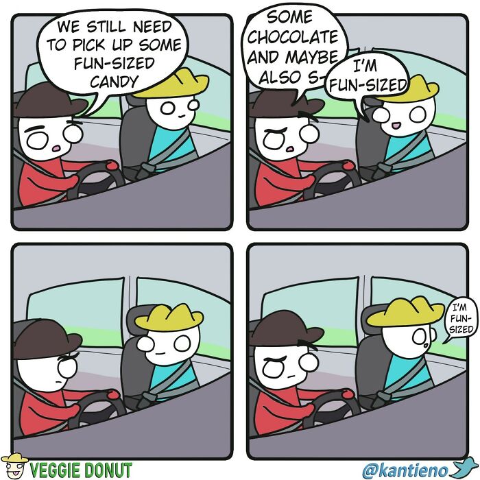 Comic strip by Veggie Donut featuring chaotic dark humor with characters discussing fun-sized candy in a car.
