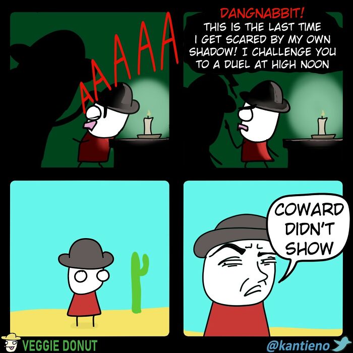 Chaotic comic panel featuring a character challenging their own shadow in a dark humor style.