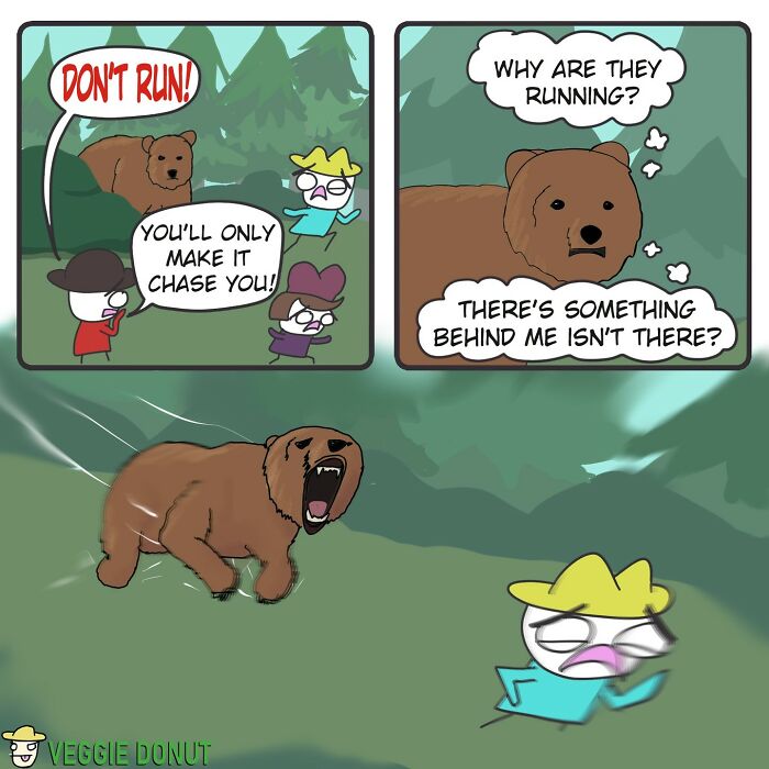 Chaotic comic scene showing characters warned not to run from a bear, mixing humor with dark and ironic twist.