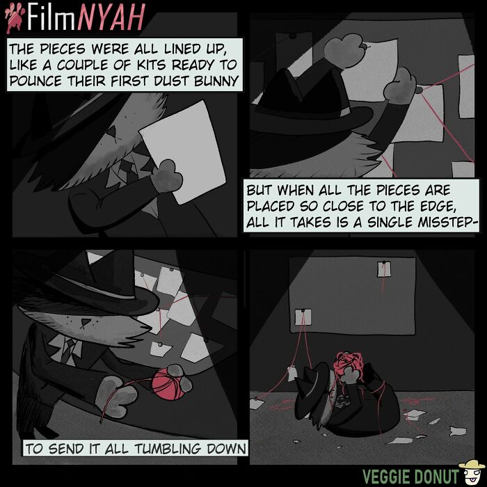 Dark humor chaotic comic panels featuring a cat detective unraveling a tangled web of clues on a bulletin board.