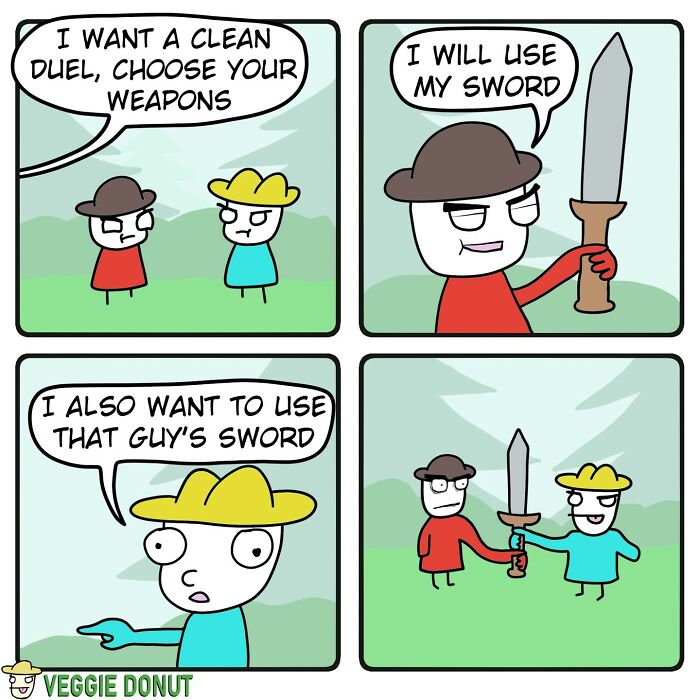Chaotic comic panels with dark humor showing two characters choosing and sharing a sword for a duel.