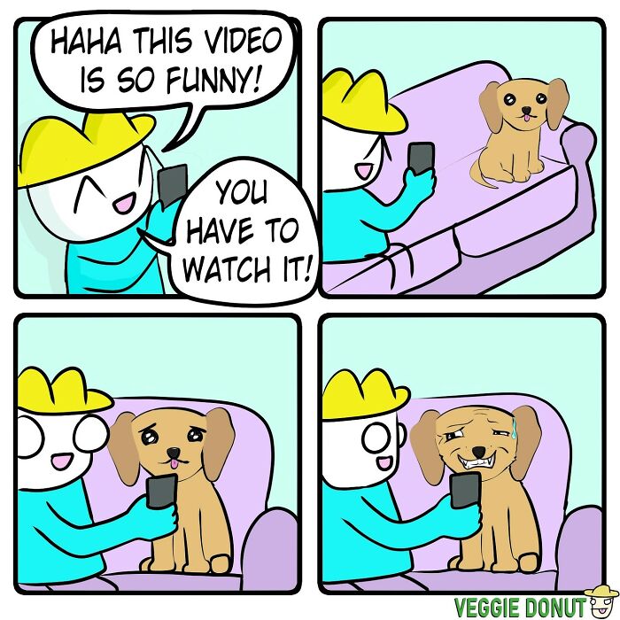 Cartoon showing chaotic comics with a character sharing a funny video with a dog, blending dark humor and surreal expressions.
