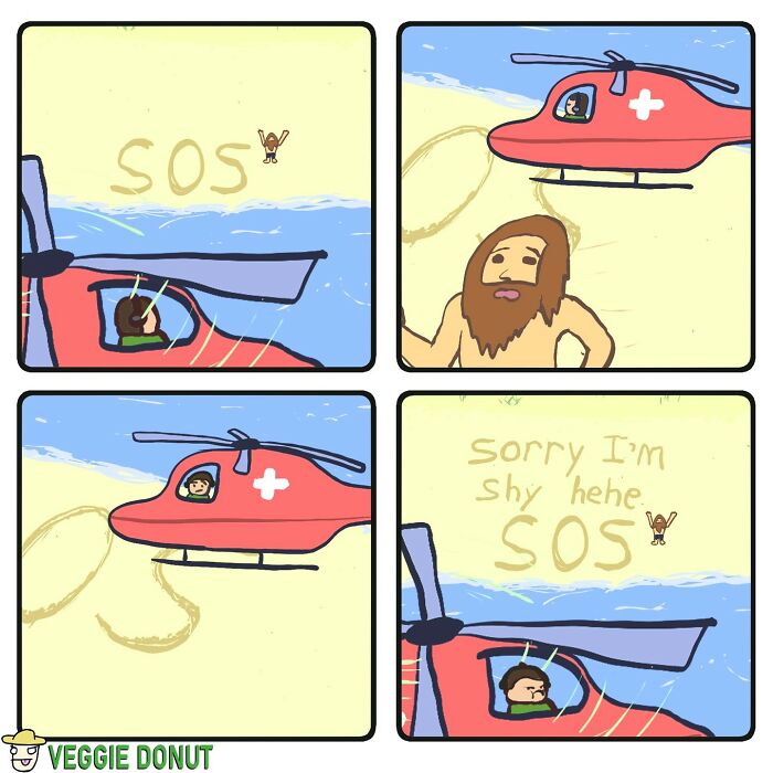 Chaotic comics with dark humor showing a stranded man and a rescue helicopter missing the SOS signal repeatedly.