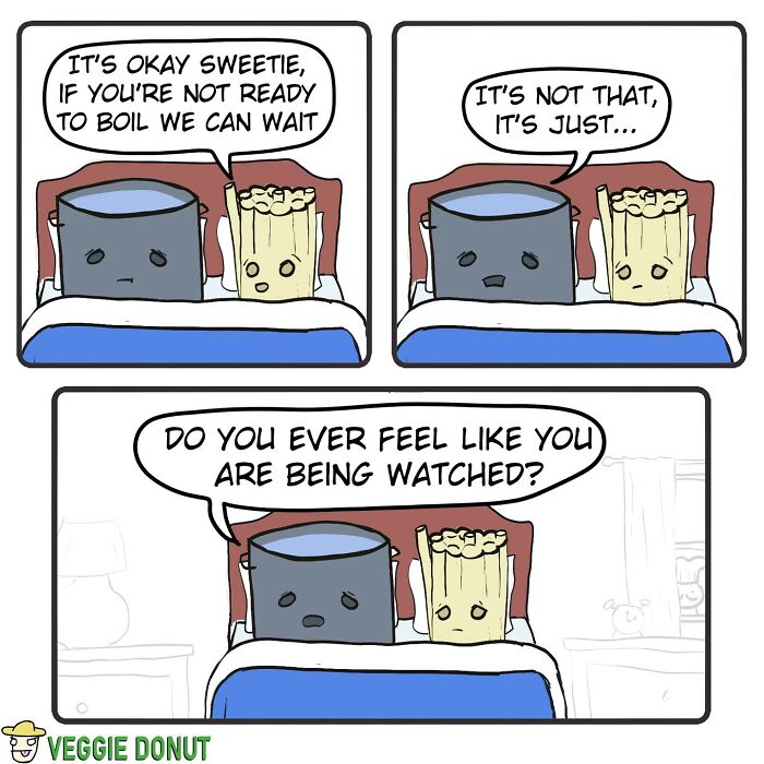 Comic panel of a pot and pasta in bed with dark humor expressing feeling watched in chaotic comics by an artist.