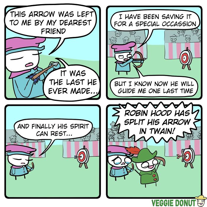 Chaotic comic strip with dark humor showing a character shooting an arrow left by a friend at a target.