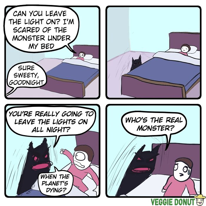 Chaotic comics with dark humor showing a monster under the bed and a person questioning who the real monster is.