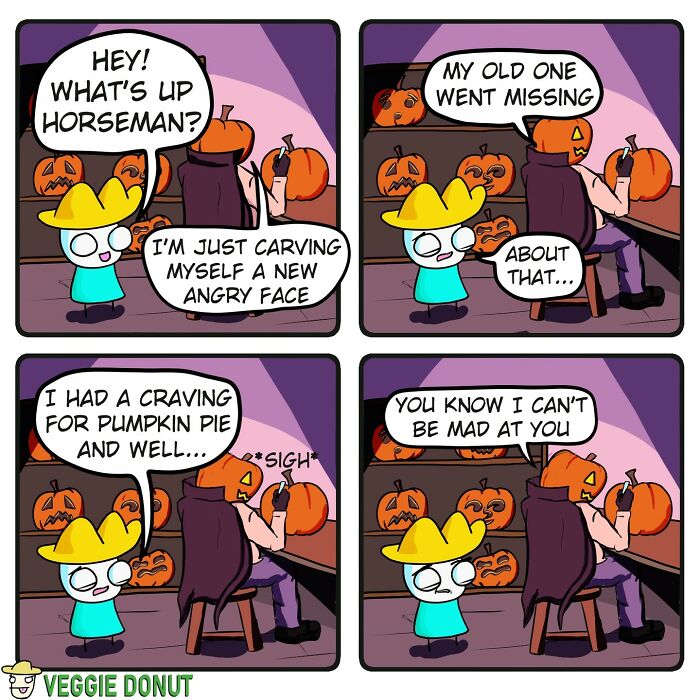 Cartoon featuring chaotic comics with dark humor showing a character carving angry faces on pumpkins.