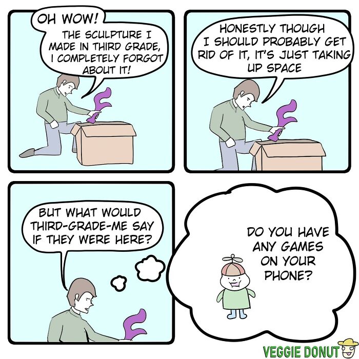 Man humorously reflects on a forgotten sculpture in a chaotic comic with dark humor by the artist Veggie Donut.