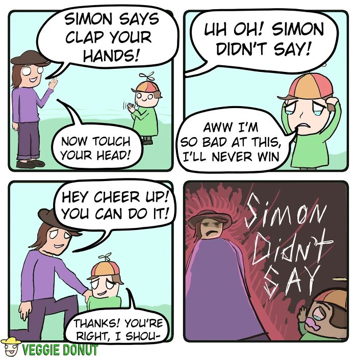 Chaotic comic panels showing a child playing Simon Says with dark humor and an ominous twist in the last frame.