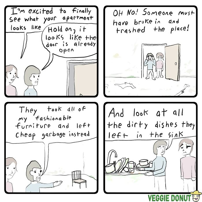 Chaotic comic panels with dark humor depicting an apartment left trashed with cheap garbage and dirty dishes in the sink.