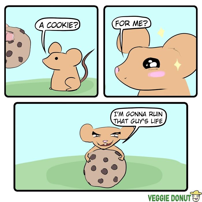 Comic strip featuring chaotic dark humor with a mouse plotting mischief while holding a chocolate chip cookie.