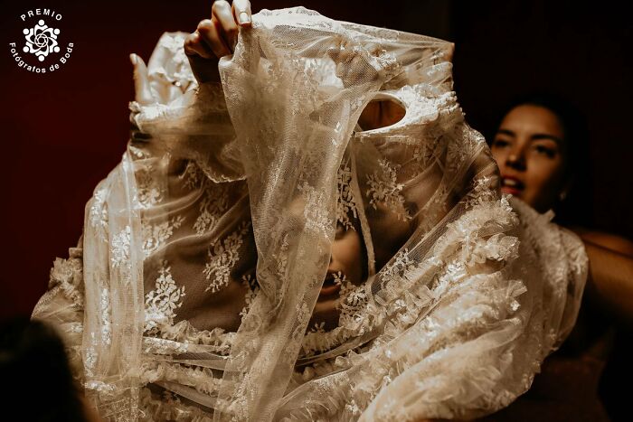 Elegant lace wedding gown held by a bride, showcasing stunning detail, captured in an award-winning photo.