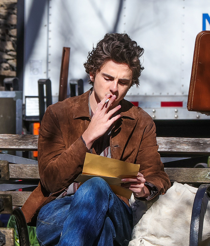 Timoth&eacute;e Chalamet Channels Young Bob Dylan In New York City For "A Complete Unknown" Biopic