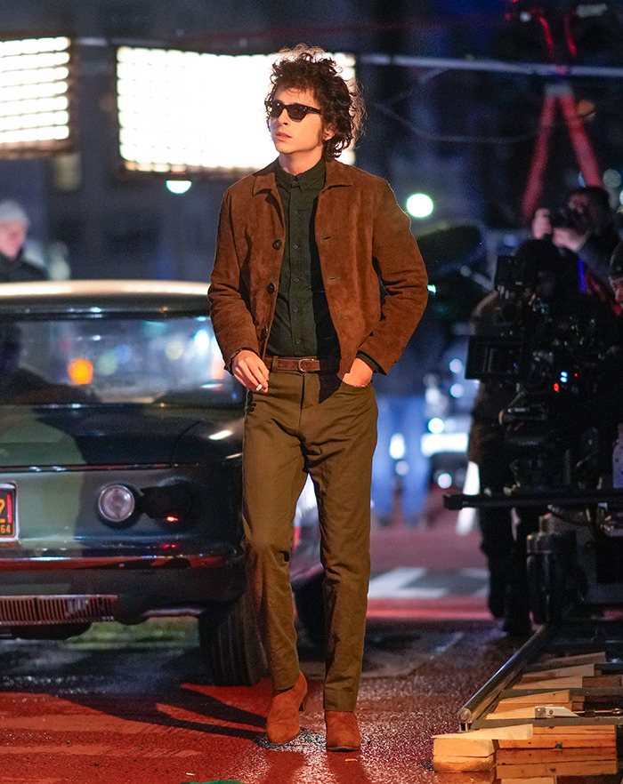 Timoth&eacute;e Chalamet Channels Young Bob Dylan In New York City For "A Complete Unknown" Biopic