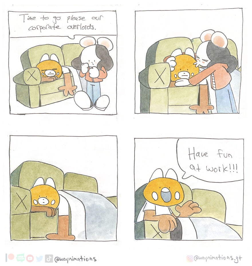 Illustrated slice-of-life comic showing characters expressing care and humor about work in a simple home setting.