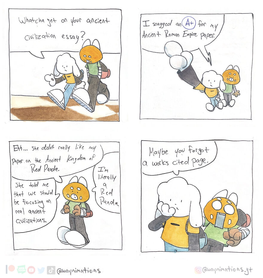 Comic strip showing two characters discussing an essay about ancient civilizations in a slice-of-life comic style.