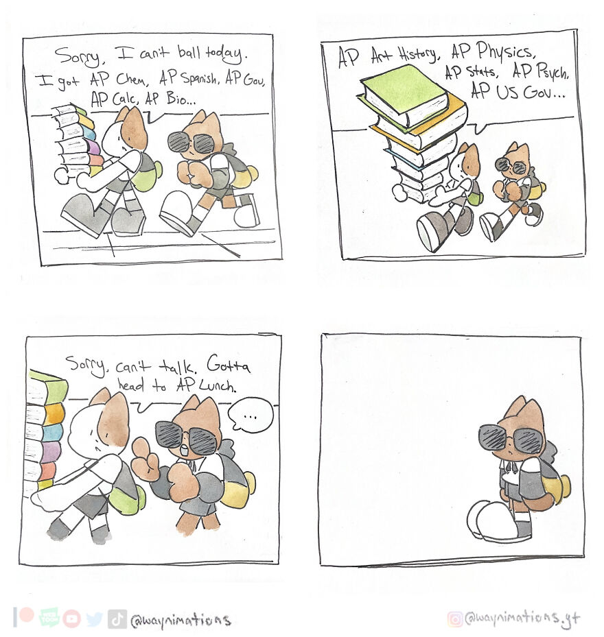 Slice-of-life comic featuring two characters discussing a busy schedule filled with AP classes and activities.
