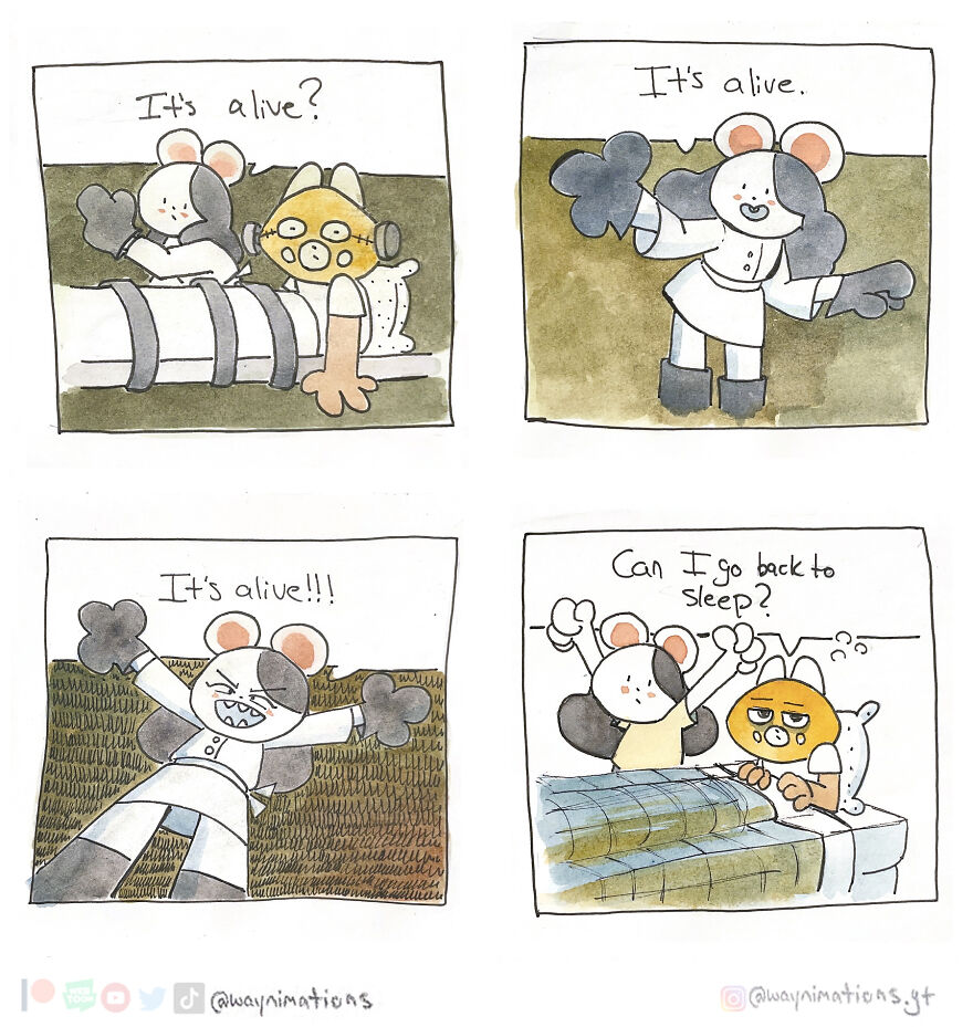 Slice-of-life comic panels featuring two characters interacting with a humorous take on something coming to life.