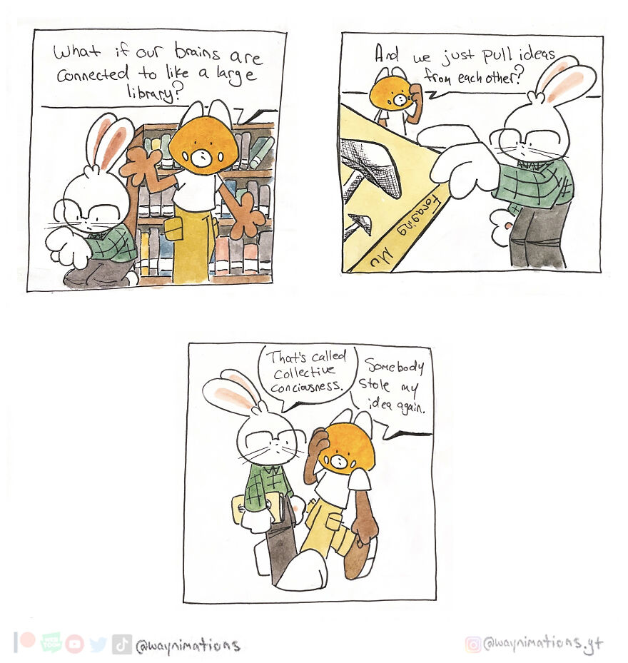 Two cartoon animals discuss collective consciousness in a slice-of-life comic inspired by personal experiences.