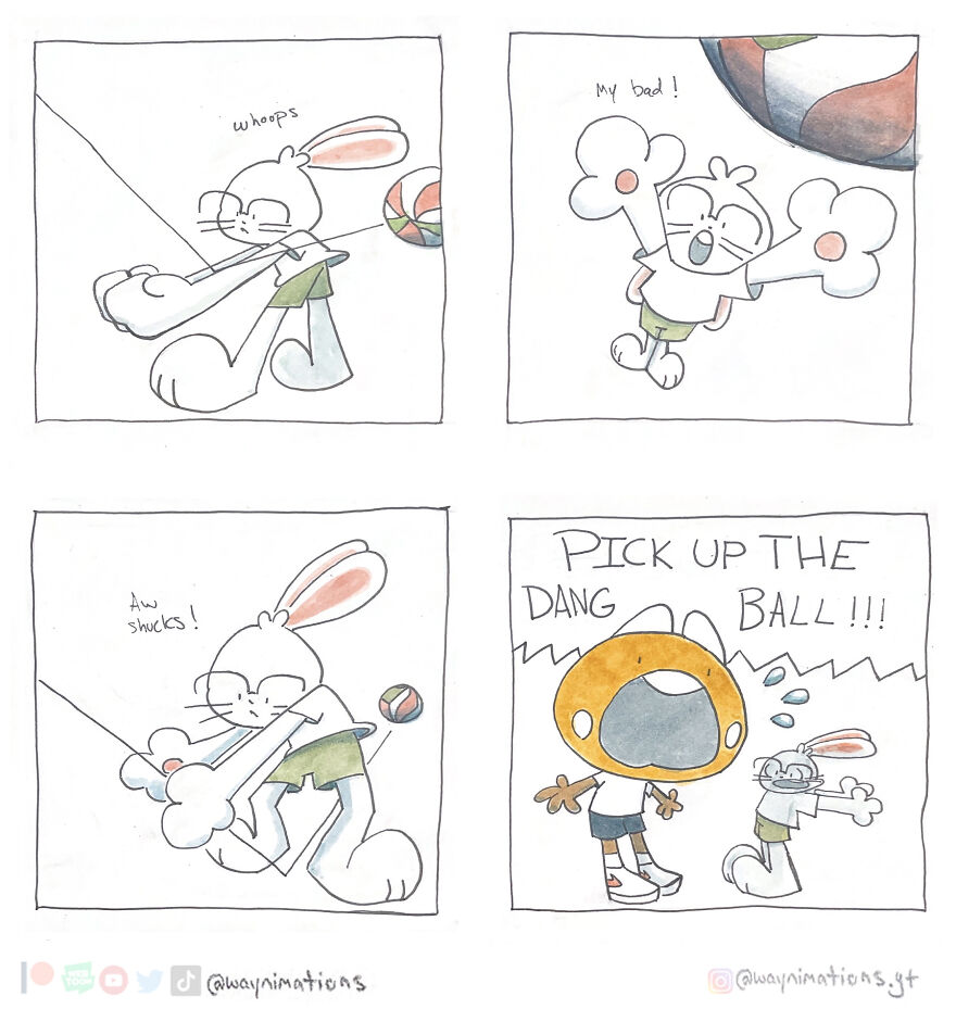 Slice-of-life comic panels show a cartoon bunny and character interacting with a ball in a playful scene.