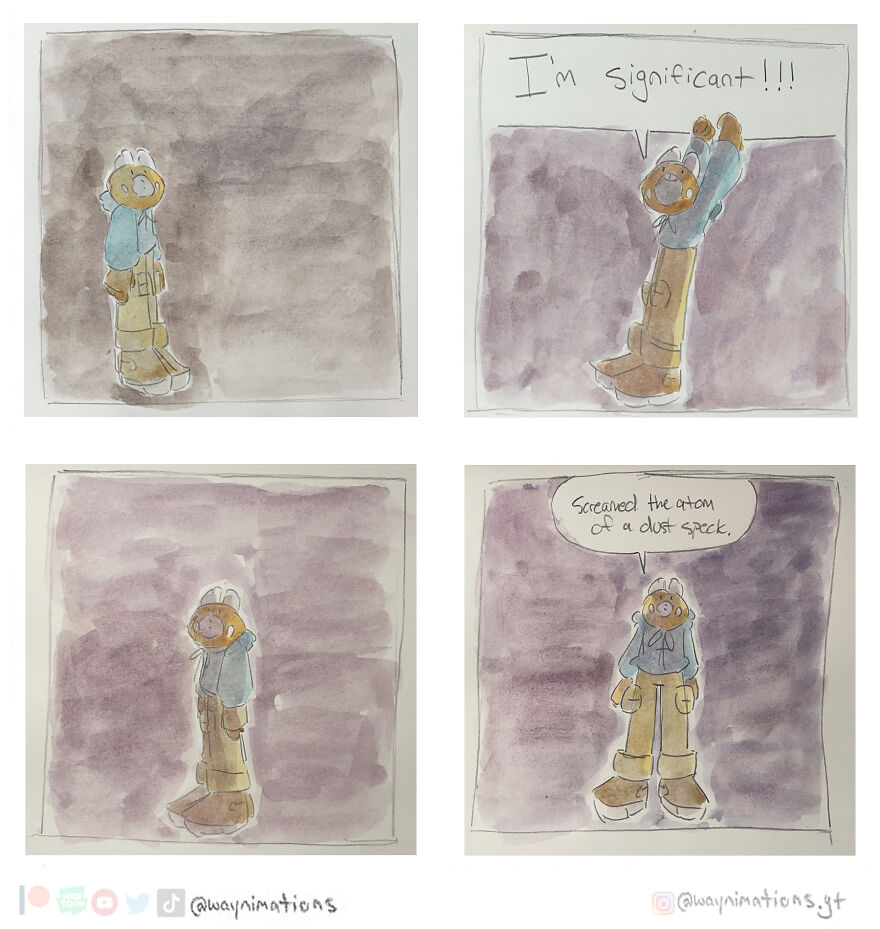 Watercolor slice-of-life comic showing a character expressing feelings of significance and self-reflection.