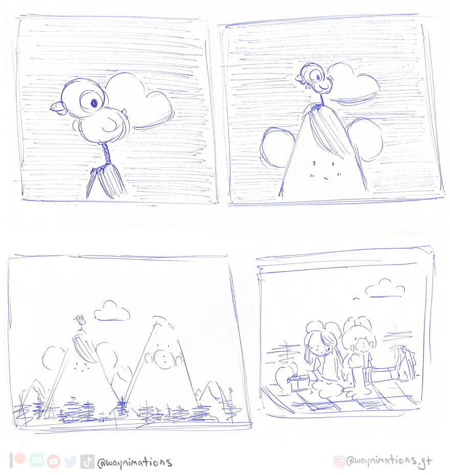 Sketches of slice-of-life comics featuring a bird character and two people in simple outdoor settings.