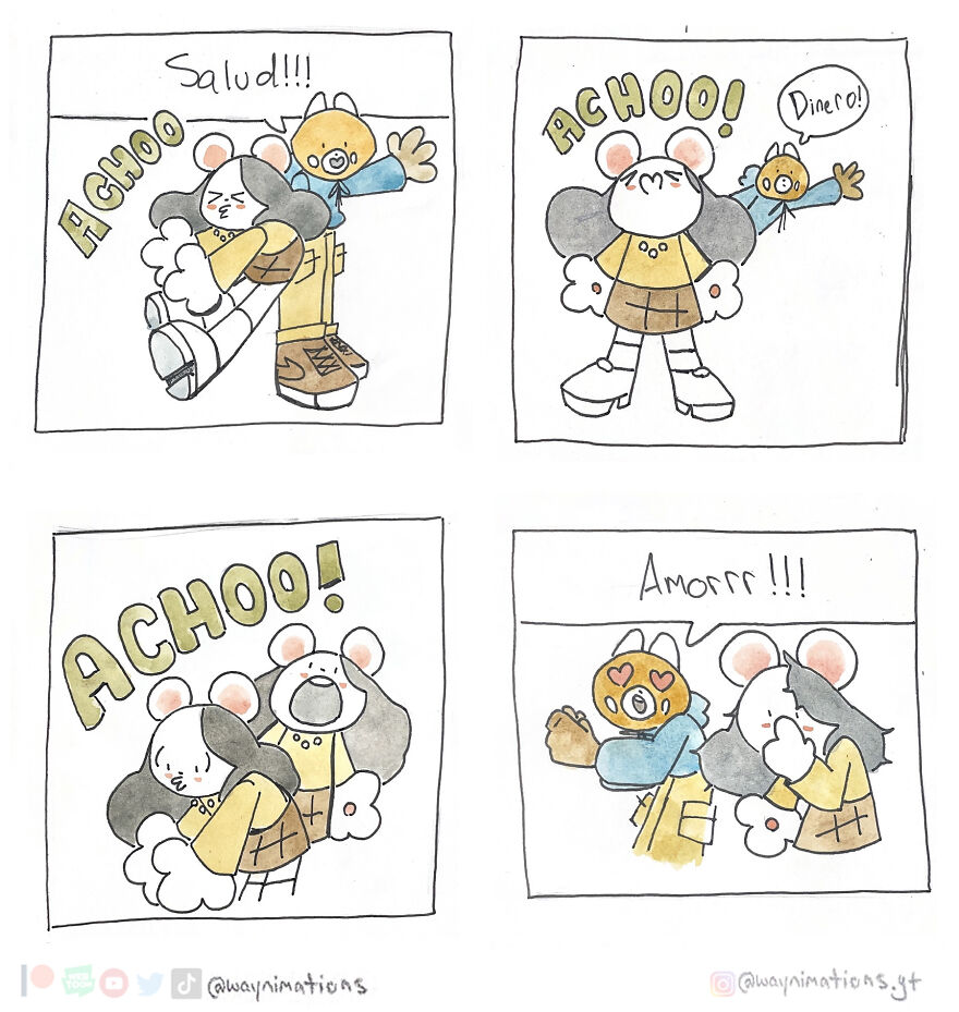 Cute slice-of-life comic panels showing characters sneezing and expressing affection in a humorous, inspired-by-experience style.