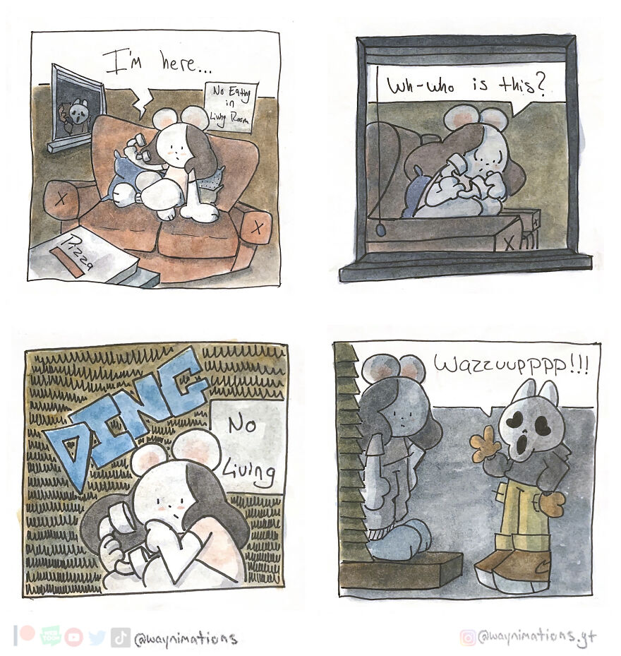 Slice-of-life comic panels showing a character interacting in everyday scenarios with humor and relatable expressions.