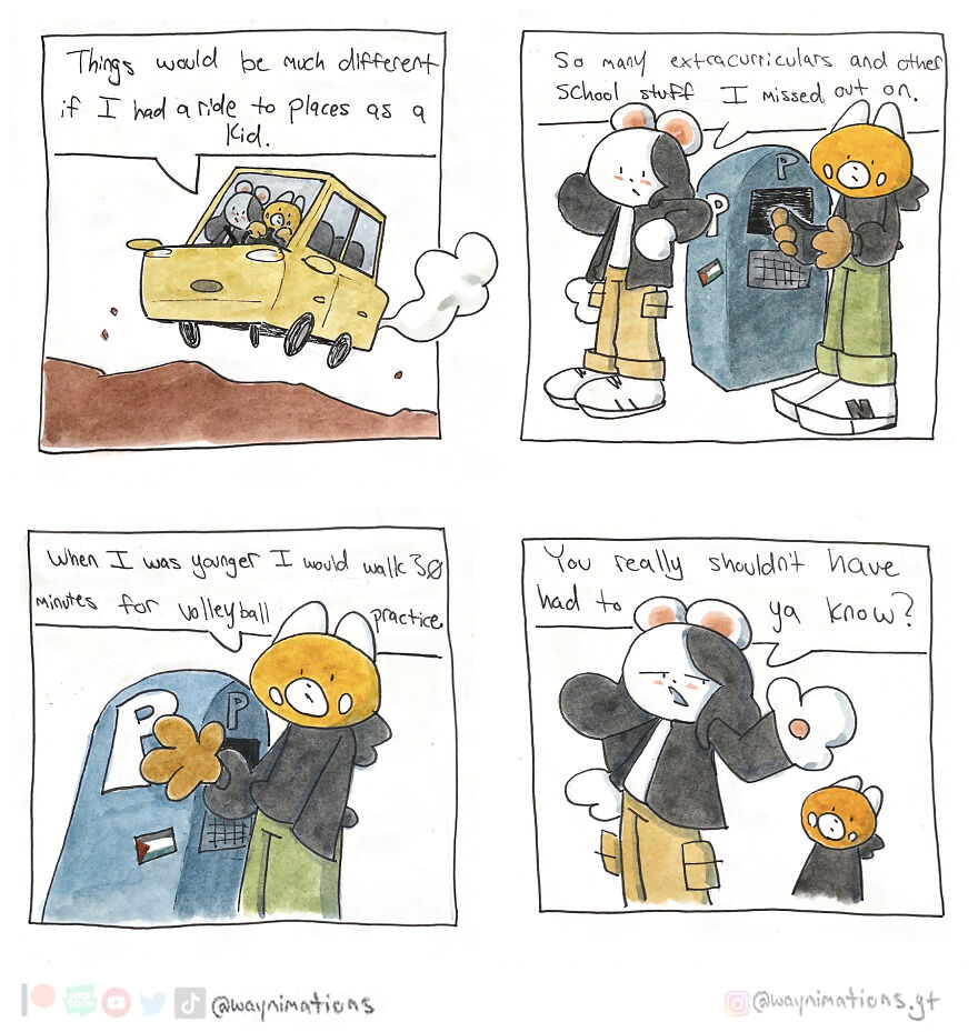 Four-panel slice-of-life comic with animal characters reflecting on childhood experiences and missed activities.