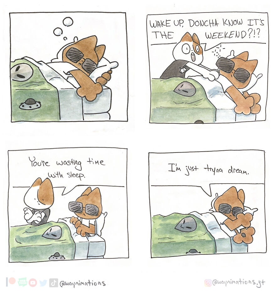 Slice-of-life comic panels featuring two characters, one urging the other to wake up on a weekend morning.