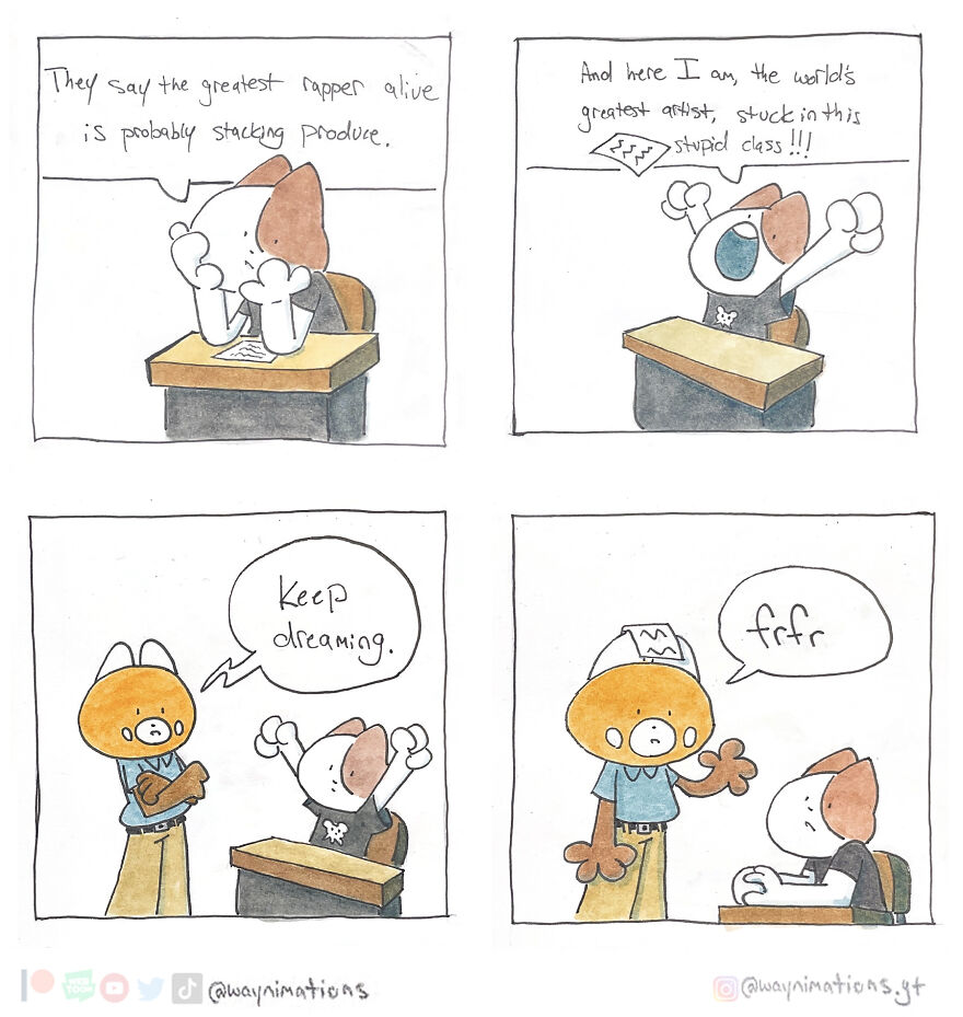 Hand-drawn slice-of-life comic panels depicting characters expressing dreams and frustrations in a classroom setting.