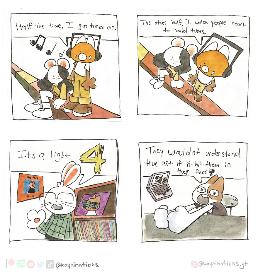 Watercolor slice-of-life comics depicting characters listening to music and reflecting on art and reactions.