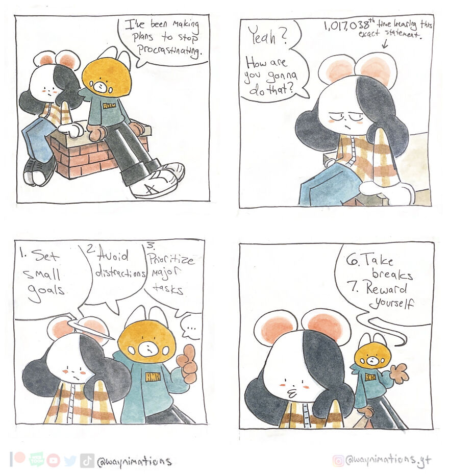 Slice-of-life comic panels featuring animal characters discussing procrastination and productivity tips from personal experiences.