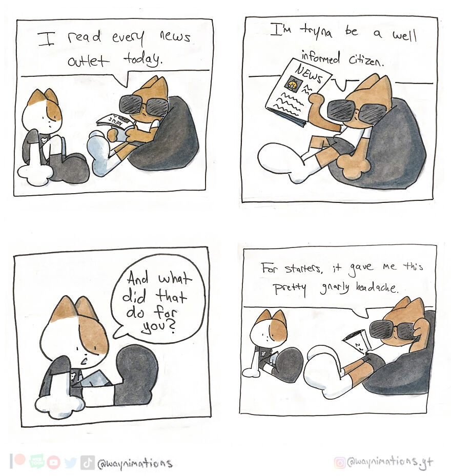 Comic strip featuring two characters discussing the challenges of staying well informed in slice-of-life comics.