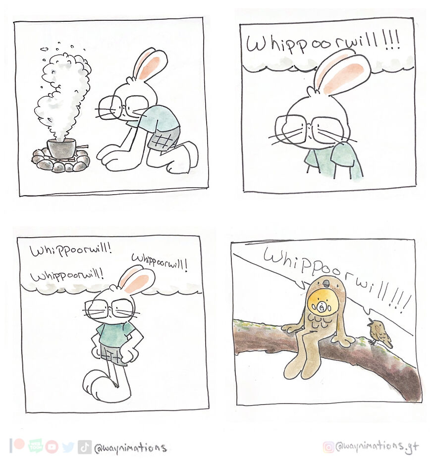 Slice-of-life comic panels featuring a rabbit character interacting with a whippoorwill bird in a humorous scene.