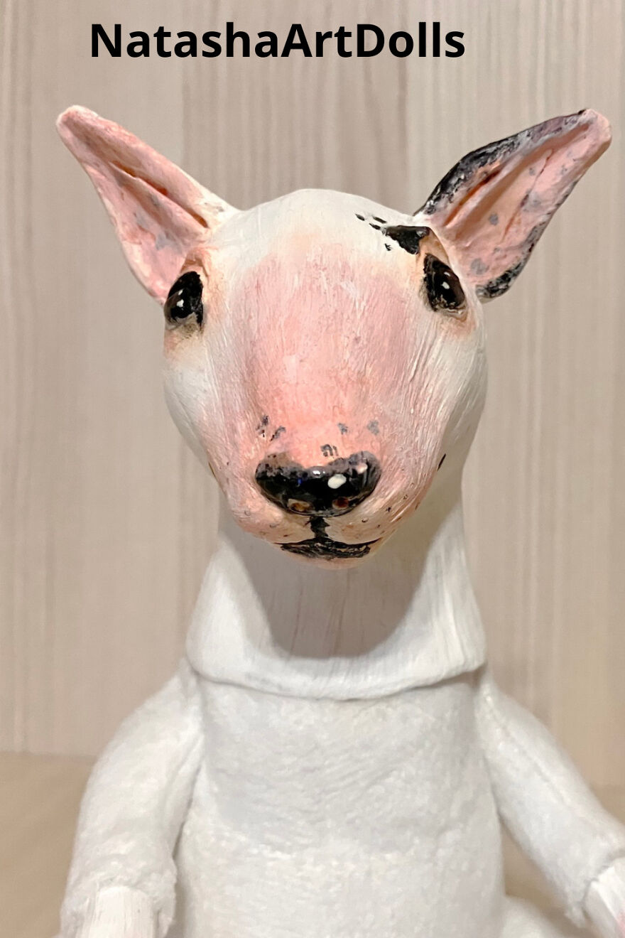 Dog Bull Terrier Art Doll - Anthropomorphic Dog Figurine - Mixed Media Sculpture - Poseable Art Doll