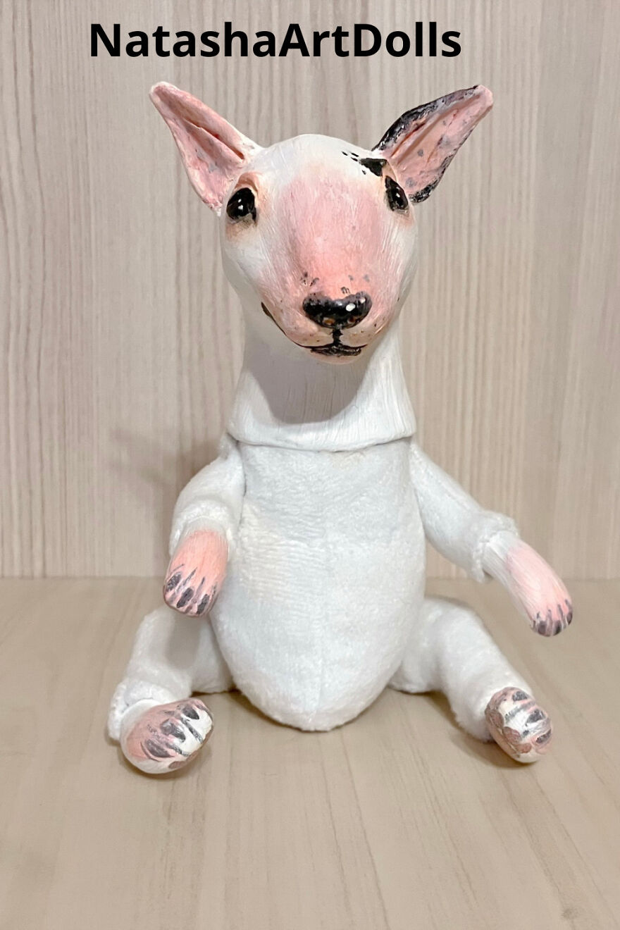 Dog Bull Terrier Art Doll - Anthropomorphic Dog Figurine - Mixed Media Sculpture - Poseable Art Doll