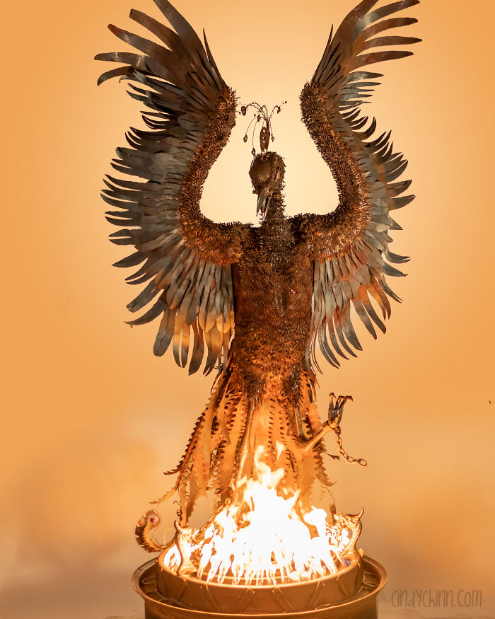 This Phoenix Fire Pit Is Made Mostly From Old Saw Blades And Electric Motor Parts