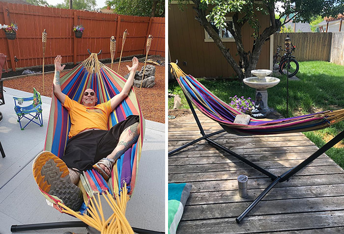  A Double Cotton Hammock With Stand For Those Lazy Sundays You Want To Spend Just ~Hanging Out~ In Your Backyard