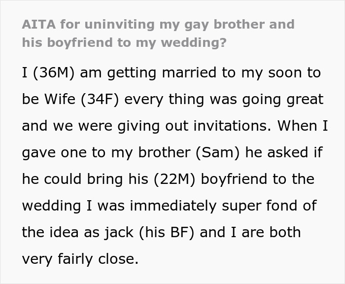 "AITA For Uninviting My Gay Brother And His Boyfriend To My Wedding?"
