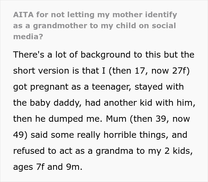 “AITA For Not Letting My Mother Identify As A Grandmother To My Child On Social Media?” “AITA For Not Letting My Mother Identify As A Grandmother To My Child On Social Media?”