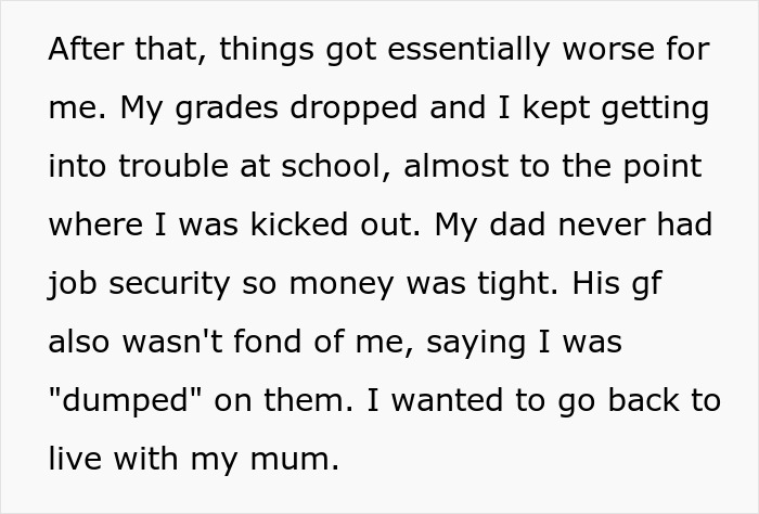 Text excerpt describing a teen struggling with school and family issues after being abandoned by his mom.