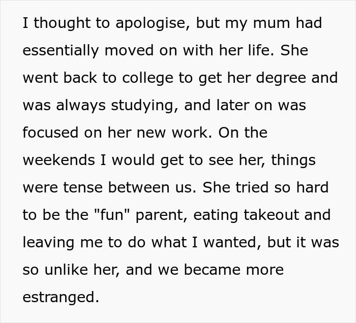 Text about teen still hurt years after mom abandoned him, describing tense and estranged relationship during visits.